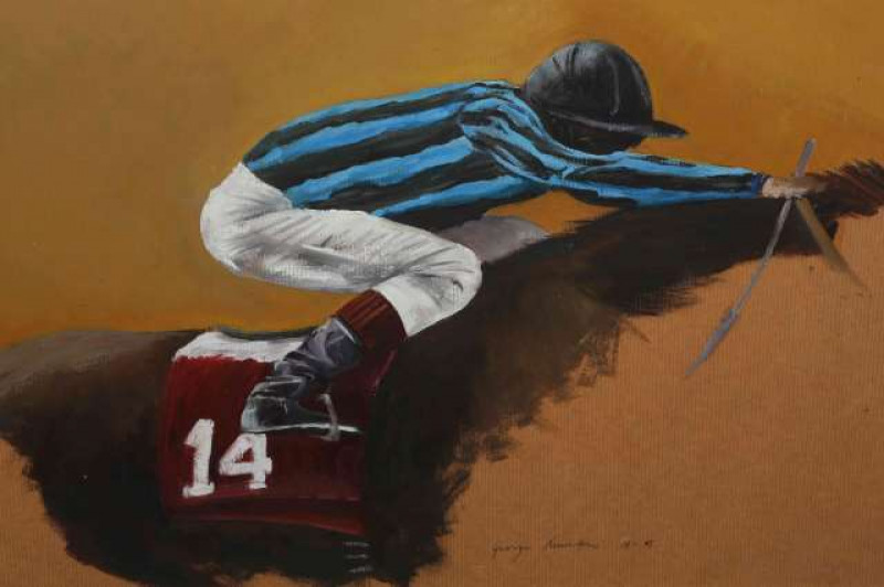GEORGE MUNTON (B.1976), HORSE AND JOCKEY, signed and dated, gouache, framed. 39cm by 52.5cm
