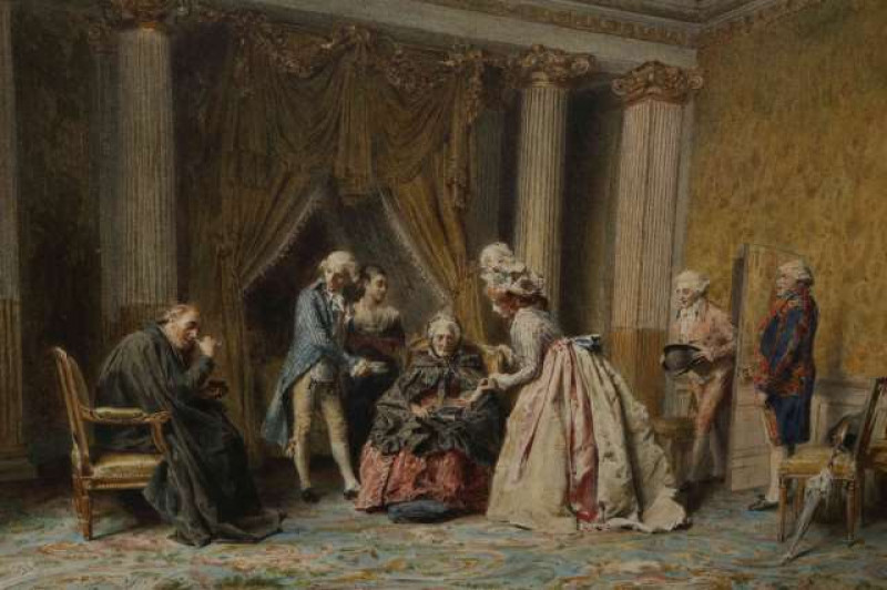 HENRI GIRARDET (1848-1917), THE MATRIARCH, signed and dated 1877, watercolour, framed. 22cm by 32cm