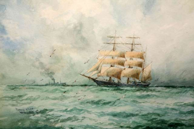 WILLIAM MINSHALL BIRCHALL (1884-1941), 'PASSING SHIPS', signed, titled and dated 1920 lower left, watercolour, framed. 21.5cm by 31.5cm