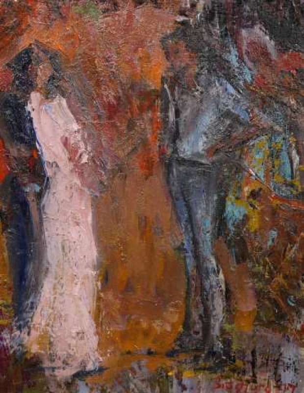 20TH CENTURY SCHOOL, IN CONVERSATION, indistinctly signed and dated lower right, oil on board, framed. 24cm by 19cm