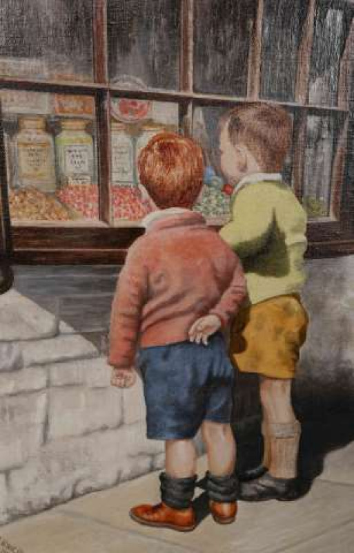 A. WYNNE-ROGERS, THE PROBLEM, two boys by a sweet shop window, signed lower left and dated 1962, oil on board, framed. 50cm by 40cm