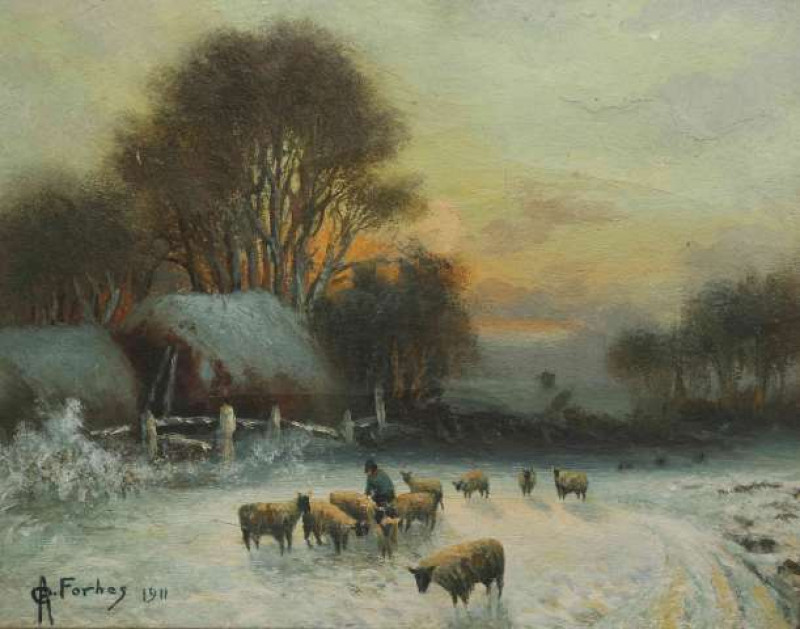 A*** G*** FORBES, WINTER SCENE WITH SHEEP, signed and dated 1911, oil on canvas, framed. 20cm by 25cm