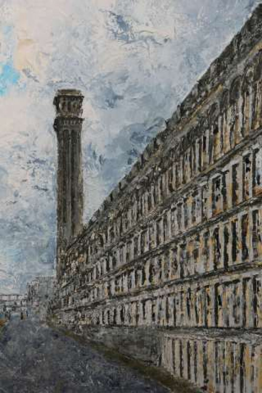 ALEXIS BILENKO, LISTER'S MILL, BRADFORD, monogrammed lower left, label verso, acrylic on board, framed. 108cm by 79cm  Note: Built in 1873 by Samuel Cunliffe Lister in Italianate style. The mill was the largest silk factory in the world, employing 11,000 