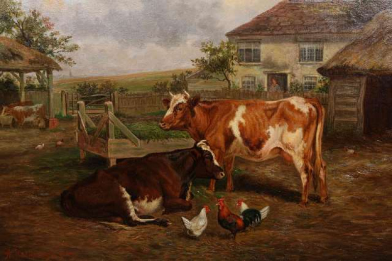 AMOS WATMOUGH (FL.1880-1900), CATTLE AND CHICKENS IN A FARMYARD, signed A. Watmough and dated 1899, oil on canvas, framed. 32cm by 42cm
