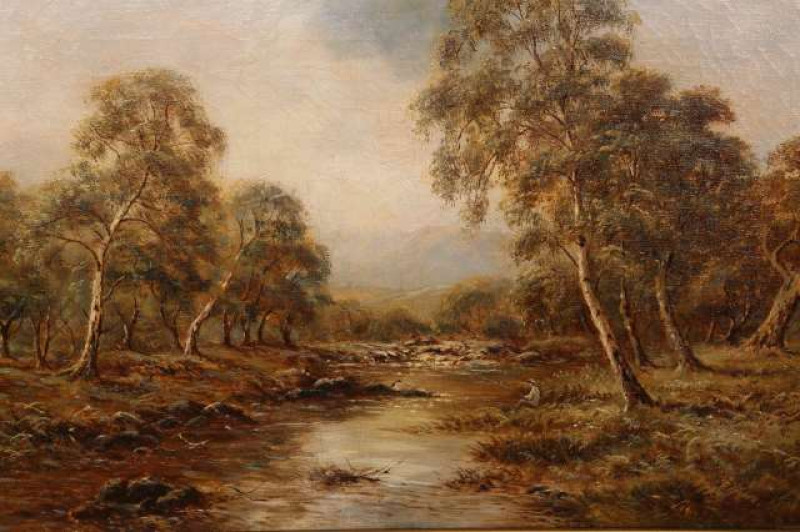 ATTRIBUTED TO SIDNEY YATES JOHNSON (FL.1890-1926), FISHERMAN IN A WOODED RIVER LANDSCAPE, signed lower left, oil on canvas, framed. 29cm by 45cm