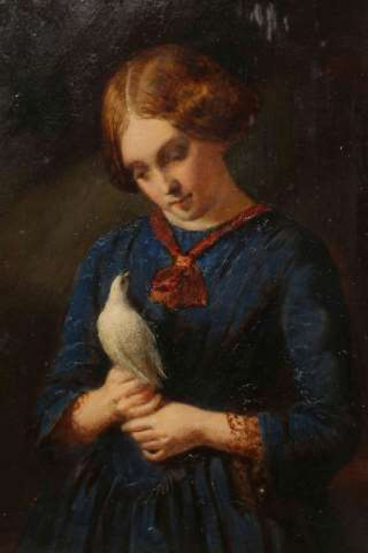 ATTRIBUTED TO SIR JOHN EVERETT MILLAIS (1829-1896), GIRL IN A BLUE DRESS HOLDING A DOVE, signed with a red monogram lower left, oil on board, in a gilt composition frame under glass. 18.5cm by 14.5cm