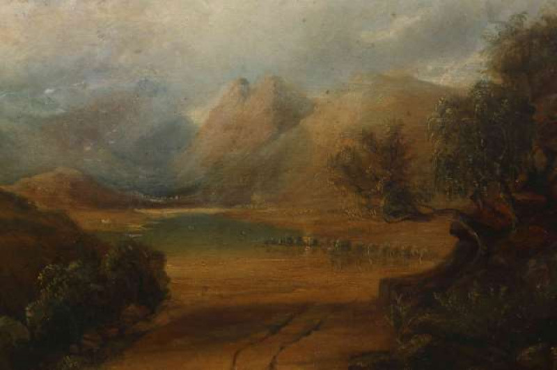 ATTRIBUTED TO THOMAS CRESWICK (1811-1869), KILLARNEY, inscribed verso, oil on canvas, in a gilt composition frame under glass. 17.5cm by 24cm