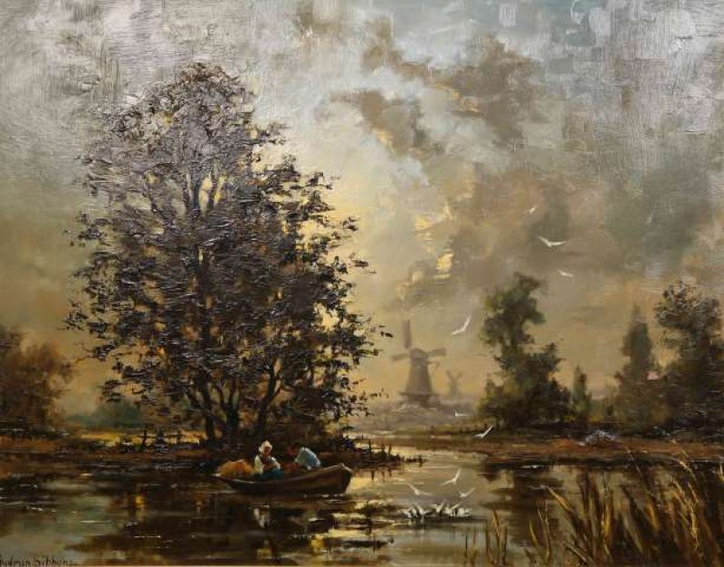 BARBARA GUDRUN SIBBONS (GERMAN, B.1925), COURTING COUPLE BOATING ON A CANAL, signed lower left, oil on board, framed. 39cm by 49cm