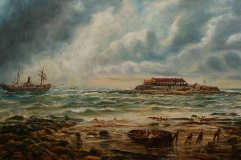 BERNARD BENEDICT HEMY (1855-1913), FISHERMEN HAULING IN A BOAT AS A STEAM SHIP PASSES BY, signed lower right, oil on canvas, framed. 60cm by 90cm