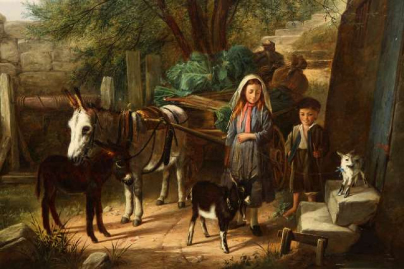 CHARLES HUNT (1829-1900), OFF TO MARKET, signed and dated 1877 lower left, oil on canvas, framed. 70cm by 90.5cm