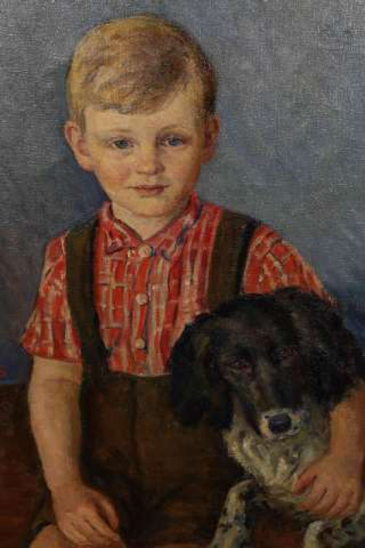 DANISH SCHOOL (20TH CENTURY), BEST FRIENDS, initialled SB and dated 1945, oil on canvas, framed. 48cm by 65cm