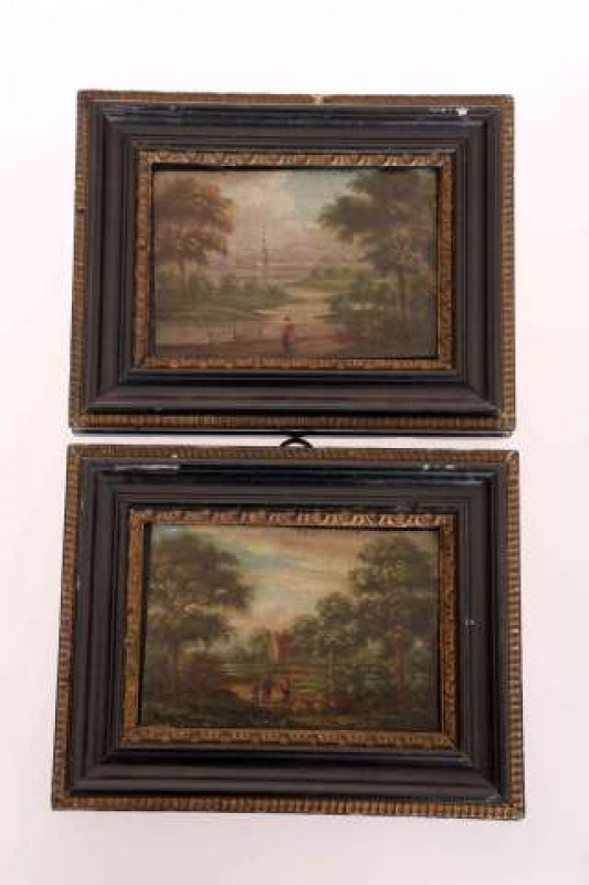 ENGLISH SCHOOL (LATE 18TH CENTURY), PAIR OF MINIATURE LANDSCAPES, oil on copper, framed. 6.5cm by 10cm