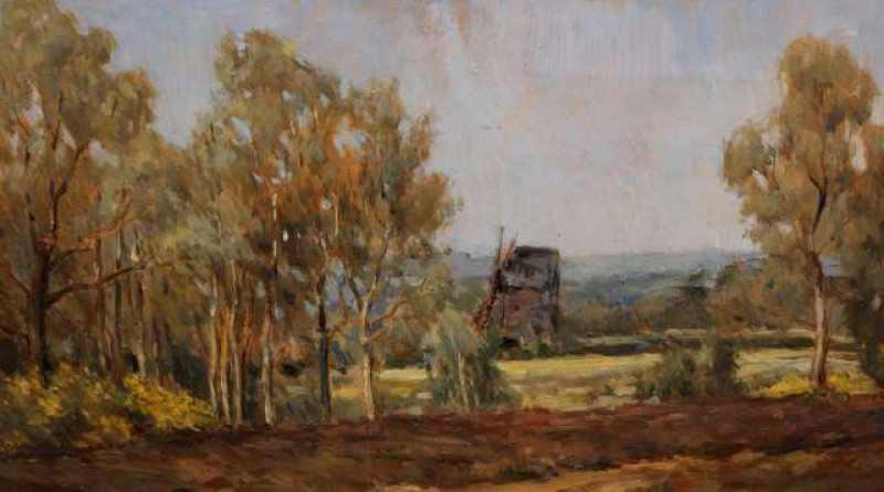 ENGLISH SCHOOL, WINDMILL IN A LANDSCAPE, bears inscription verso 'William Lee Hankey/Summertime, Norfolk', oil on board, framed. 18.5cm by 33.5cm