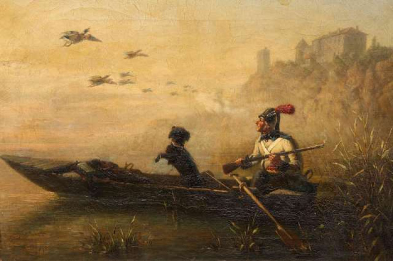 FRENCH SCHOOL (19TH CENTURY), DUCK SHOOTING, oil on canvas, framed. 31.5cm by 46cm