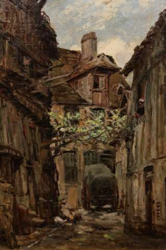 G. MARTEL, LATIN QUARTER, PARIS, signed and inscribed lower right, oil on canvas, in carved gilt gesso frame. 35cm by 25cm