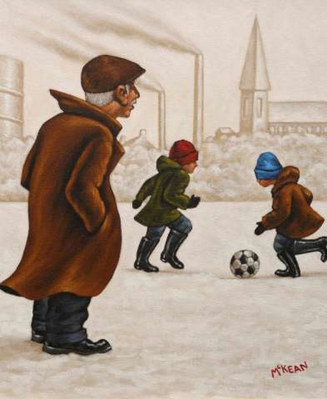 GRAHAM MCKEAN (B.1962), 'GAME ON', signed lower right, oil on canvas, framed. 33.5cm by 28cm  Artists' Resale Right ('droit de suite') may apply to this lot