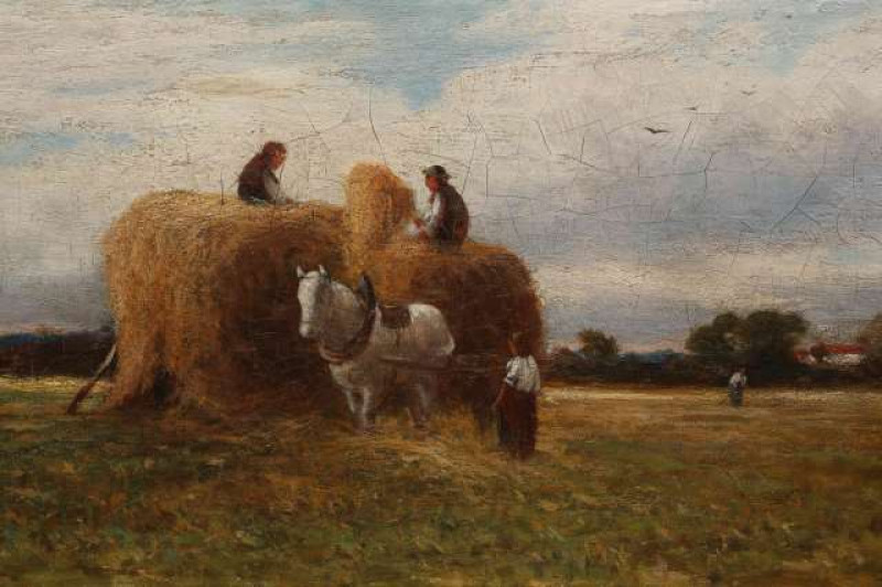 JAMES ALFRED AITKEN (1846-1897), 'BUILDING THE HAY STACK', signed lower left, oil on canvas, in a giltwood frame. 29cm by 49cm