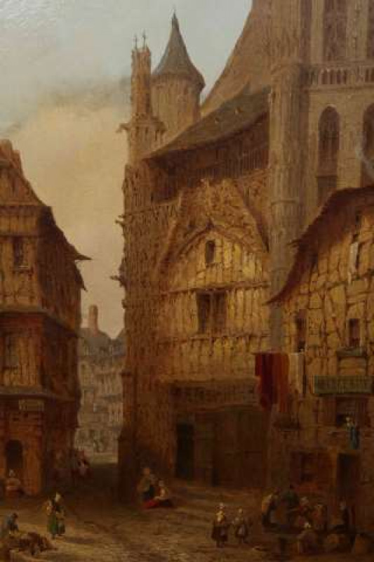 JAMES D. BARNETT, 'PORTAL OF THE DESECRATED CHURCH OF ST. LAURENT, ROUEN', signed and dated 1858 lower left, inscribed to an old paper label verso, oil on board, in a moulded gesso frame. 37.5cm by 26.5cm