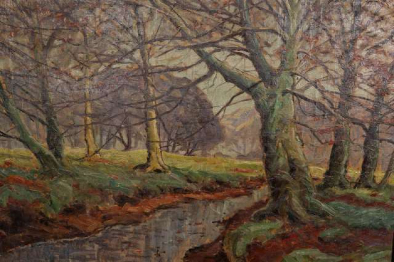 JENS AABO (DANISH), WOODLAND STREAM, signed lower right, label verso, oil on canvas, framed. 67cm by 91cm