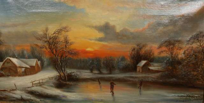 JOHN CUTHBERT SALMON (1844-1917), SKATING ON THE VILLAGE POND, signed lower right, oil on canvas, framed. 30cm by 60cm