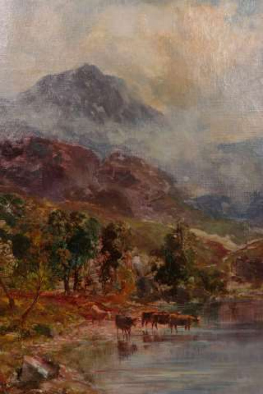 JOHN FALCONAR SLATER (1857-1937), CATTLE WATERING IN A HIGHLAND LANDSCAPE, signed lower right, oil on canvas, framed. 60cm by 45cm