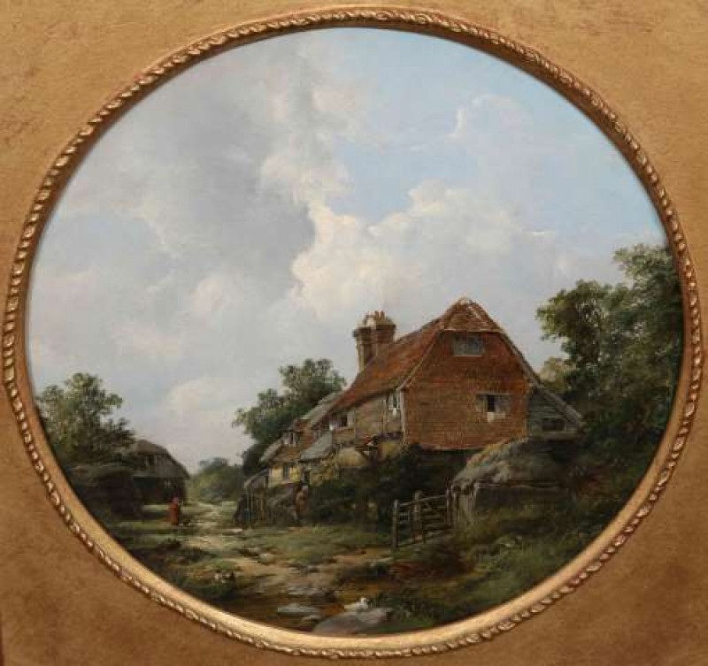 JOHN JAMES WILSON (1818-1875), FIGURES BEFORE COTTAGES, signed with initials and dated 1855, oil on canvas in a circle, framed. 37cm by 37cm