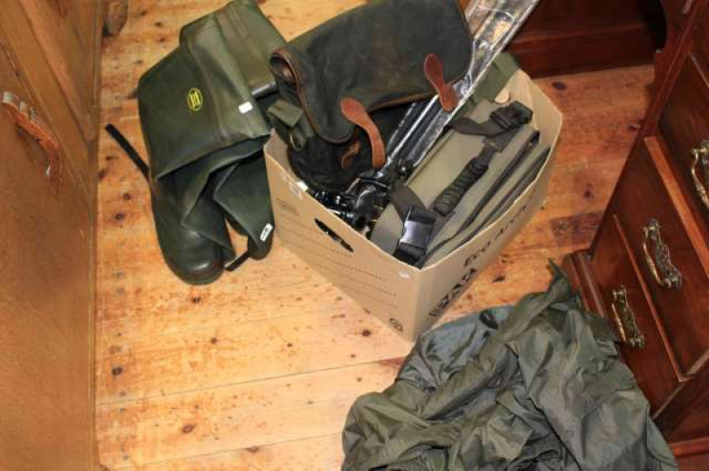 Collection of fishing equipment, rod, waders, reels, etc