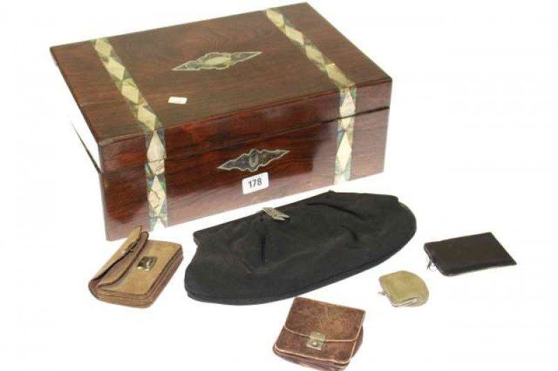 Mother of pearl inlaid box, ladies clutch bag and purses