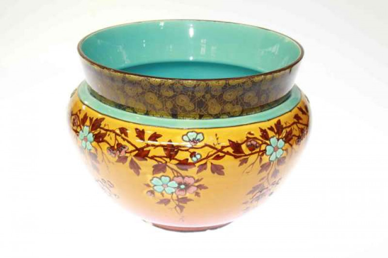 Sarreguemines French jardiniere with floral design on brown and turquoise ground, 32cm diameter