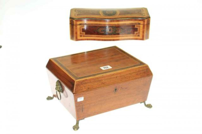 Mahogany, rosewood and satinwood crossbanded box raised on brass ball and claw feet and inlaid glove box