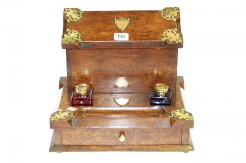 Oak and Brass stationary box and inkstand fitted with blue and red ink bottles