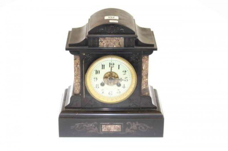 19th Century slate and marble mantel clock with enamelled dial