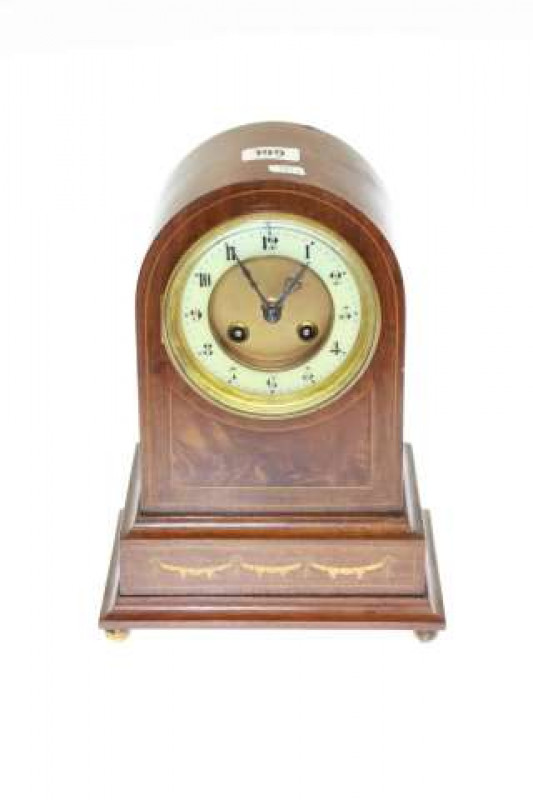 Edwardian inlaid mahogany mantel clock with enamelled dial