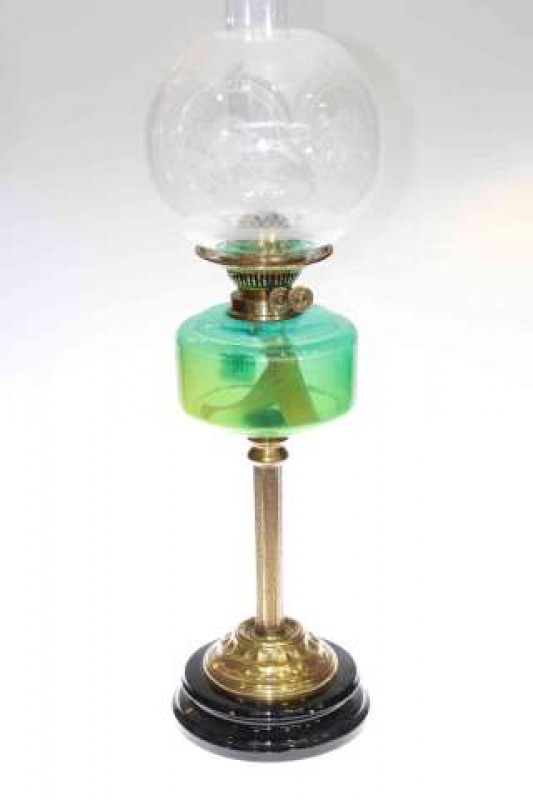Brass column oil lamp with green glass reservoir and etched glass shade