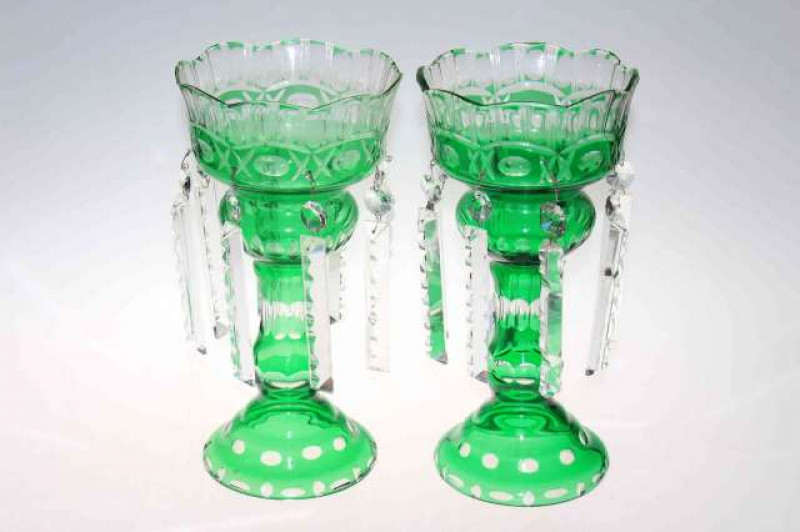 Pair of Victorian green glass lustres with clear drops