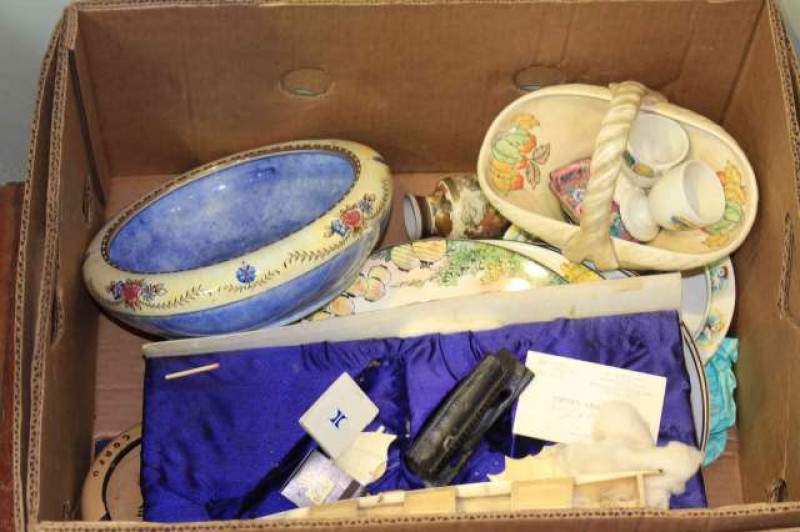 Box of Royal Doulton plates, Chelsea bowl, Ducal basket, child's pottery, ivory boat etc