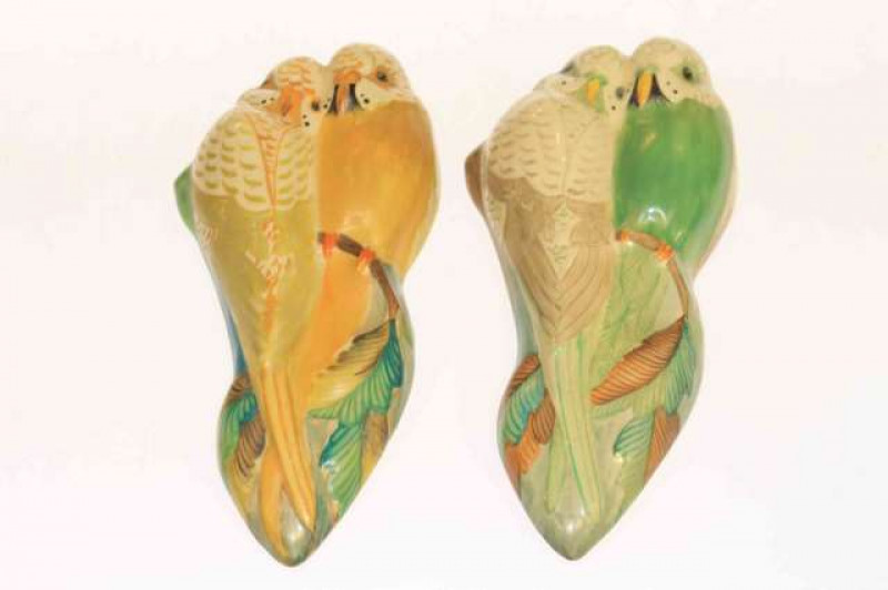 Two Grays pottery wall mounted budgie ornaments