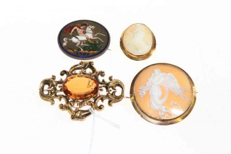 Two cameo brooches, enamelled coin dated 1887 and a 18th/19th Century citrine brooch (4)