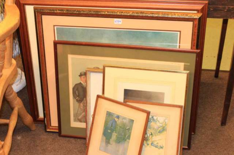 Pair of Lawson wood prints; Charles Fisherman, watercolour, signed; print of the racehorse 'pussy'; pair of prints after Landseer and Cooper, of hounds; print of Cheltenham Gold Cup and a Vanity Fair print 'On the Heath' (8)