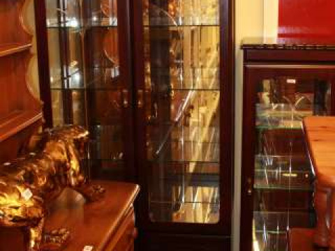 Two mahogany illuminated display cabinets and rectangular pine coffee...