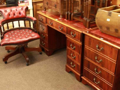 Mahogany eight drawer pedestal desk, matching two drawer filing cabinet...