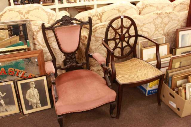 Victorian cabriole leg open armchair and mahogany oval spiders web panel back occasional elbow chair (2)
