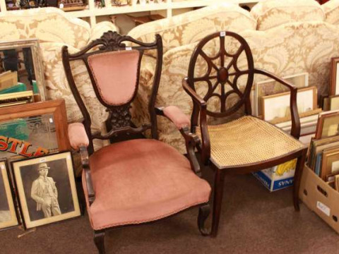 Victorian cabriole leg open armchair and mahogany oval spiders web panel...