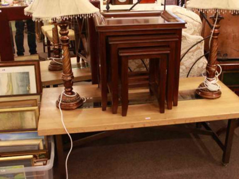 Mahogany nest of three tables, rectangular light oak and glass inset low...