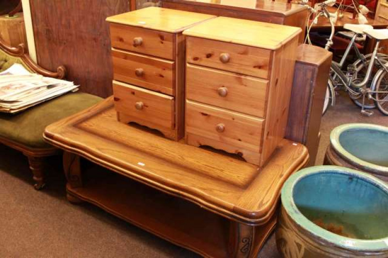 Pair of pine three drawer pedestals and rectangular oak low centre table (3)