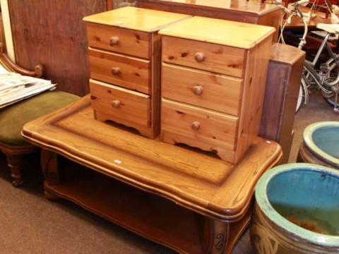 Pair of pine three drawer pedestals and rectangular oak low centre table...