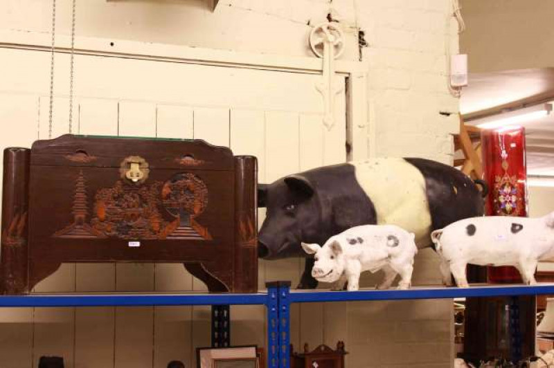 1920's/30's mahogany wall clock, small camphor wood trunk, red and floral painted glass stick stand and three pig models