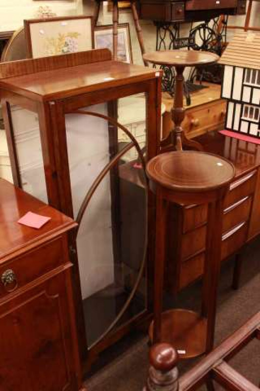 Mahogany single door china cabinet, mahogany plant stand and tripod wine table (3)