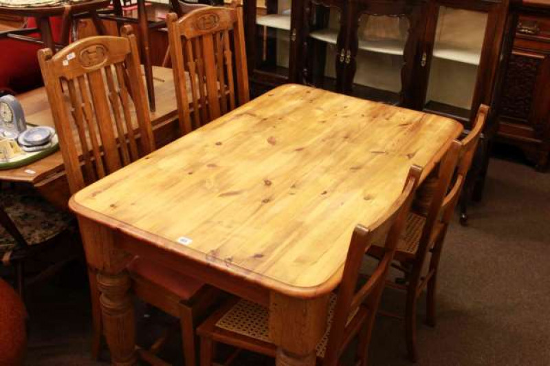 Pine topped rectangular dining table and two pairs of chairs (5)