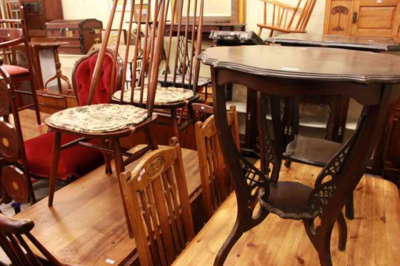 Ercol drop leaf dining table and four quaker back chairs and two late Victorian occasional tables (7)